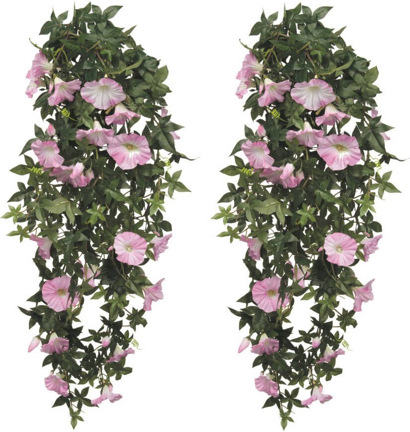 Mica Decorations 2x stuks groene Petunia kunstplant met lichtroze bloemen 80 cm Kunstplanten nepplanten hangplanten Kunstplanten