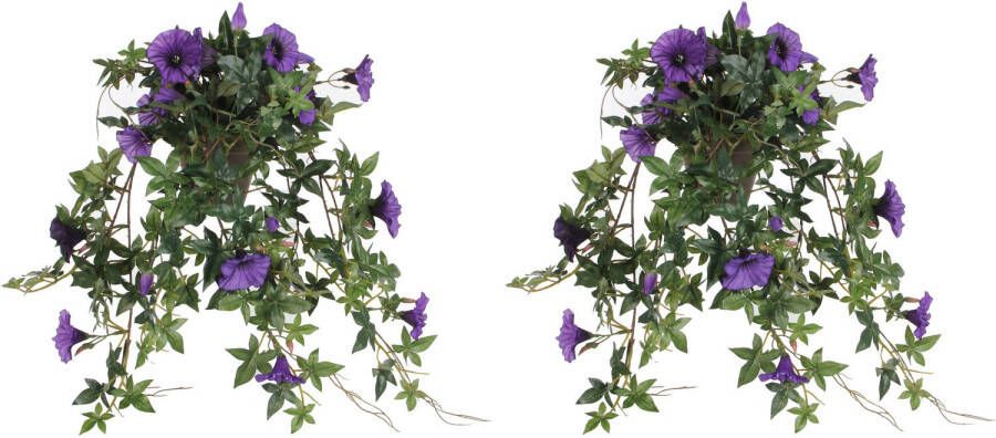 Mica Decorations 2x stuks groene Petunia paarse bloemen kunstplanten 50 cm Kunstplanten