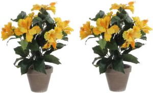Mica Decorations 2x stuks hibiscus kunstplanten geel in keramieken pot H40 x D30 cm Kunstplanten nepplanten met bloemen Kunstplanten