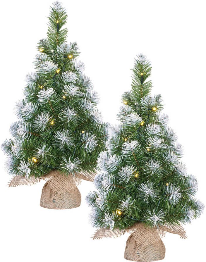 Mica Decorations 2x stuks kunst kerstboom kunstboom in jute zak met verlichting en sneeuw 60 cm Kunstkerstboom