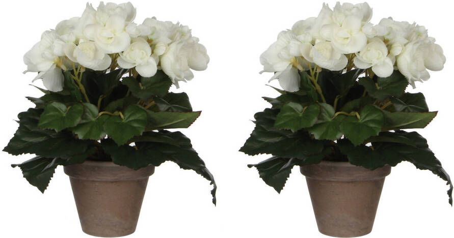 Mica Decorations 2x stuks witte Begonia kunstplant 25 cm in grijze pot Kunstplanten