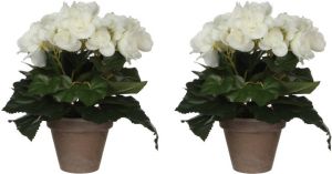Mica Decorations 2x stuks witte Begonia kunstplant met bloemen 25 cm in grijze pot Kunstplanten nepplanten Voor binnen Kunstplanten
