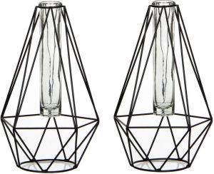 Mica Decorations 2x stuks zwarte metalen diamant draad vaasjes met glas 15 x 14 x 24 cm Vazen