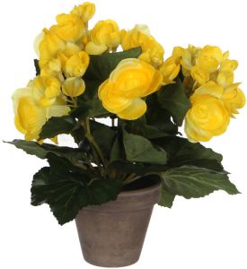 Mica Decorations Gele Begonia kunstplant met bloemen 25 cm in grijze pot Kunstplanten nepplanten Voor binnen Kunstplanten