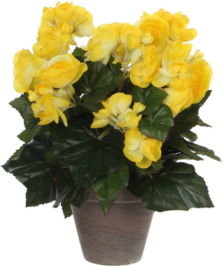 Mica Decorations Gele Begonia kunstplant met bloemen 30 cm in grijze pot Kunstplanten nepplanten Voor binnen Kunstplanten