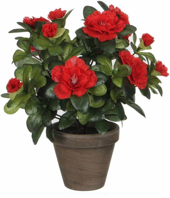 Mica Decorations Groene Azalea kunstplant met rode bloemen 27 cm met pot stan grey Kunstplanten