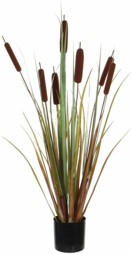 Merkloos Groene Lisdodde grasplant kunstplant met sigaren 90 cm in bruine pot Kunstplanten nepplanten Grasplanten Kunstplanten