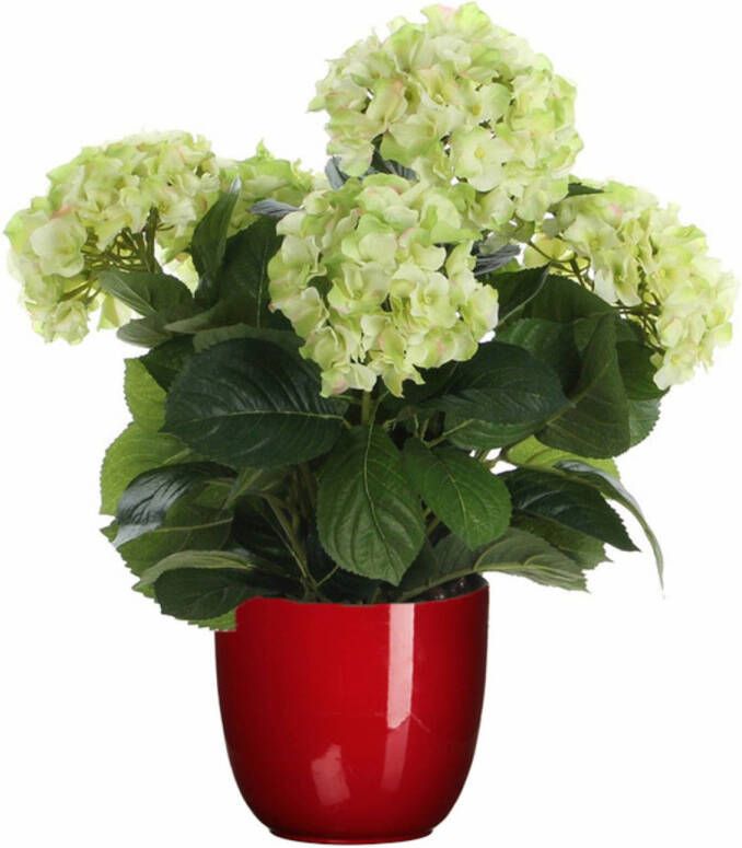Mica Decorations Hortensia kunstplant kunstbloemen 45 cm groen in pot rood glans Kunstplanten