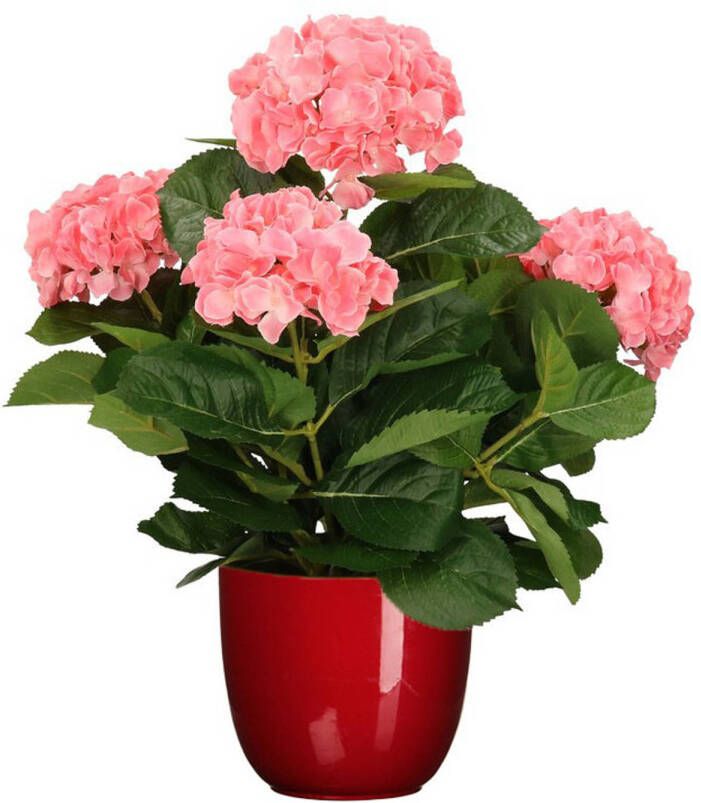 Mica Decorations Hortensia kunstplant kunstbloemen 45 cm roze in pot rood glans Kunstplanten
