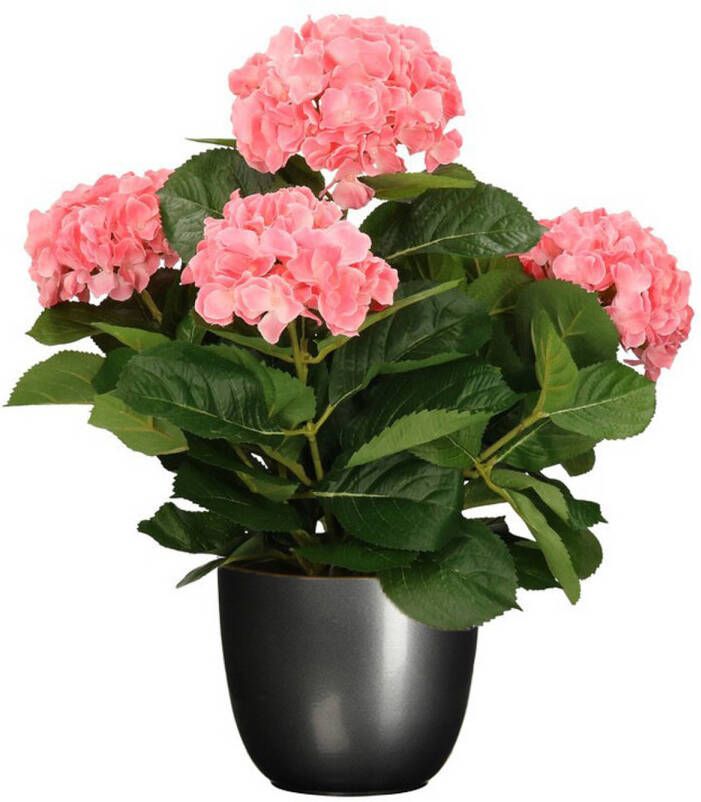 Mica Decorations Hortensia kunstplant kunstbloemen 45 cm roze in pot titanium grijs glans Kunstplanten