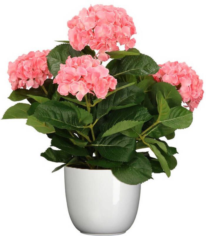 Mica Decorations Hortensia kunstplant kunstbloemen 45 cm roze in pot wit glans Kunstplanten