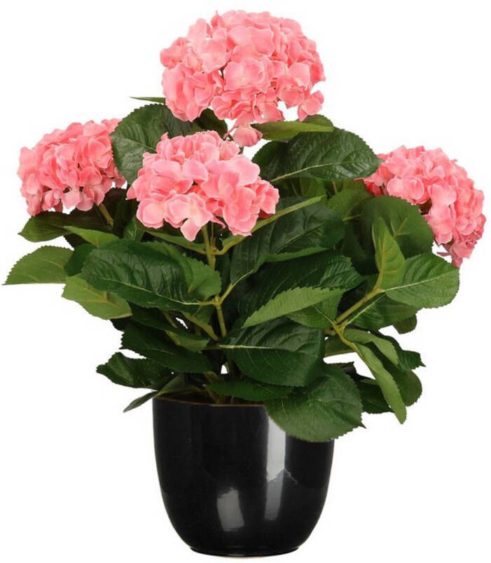 Mica Decorations Hortensia kunstplant kunstbloemen 45 cm roze in pot zwart glans Kunstplanten