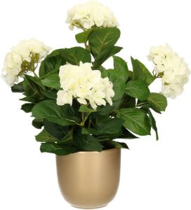 Mica Decorations Hortensia kunstplant kunstbloemen 45 cm wit in pot goud glans Kunstplanten