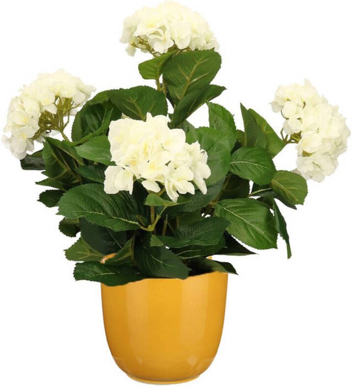 Mica Decorations Hortensia kunstplant kunstbloemen 45 cm wit in pot okergeel glans Kunstplanten