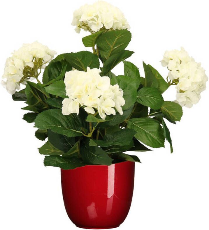 Mica Decorations Hortensia kunstplant kunstbloemen 45 cm wit in pot rood glans Kunstplanten