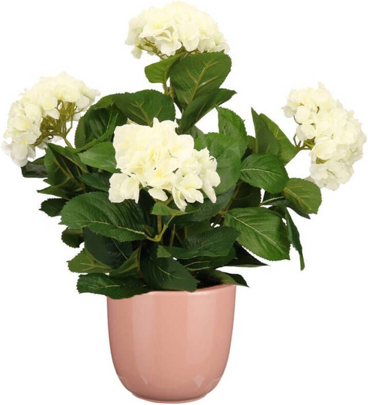 Mica Decorations Hortensia kunstplant kunstbloemen 45 cm wit in pot roze glans Kunstplanten
