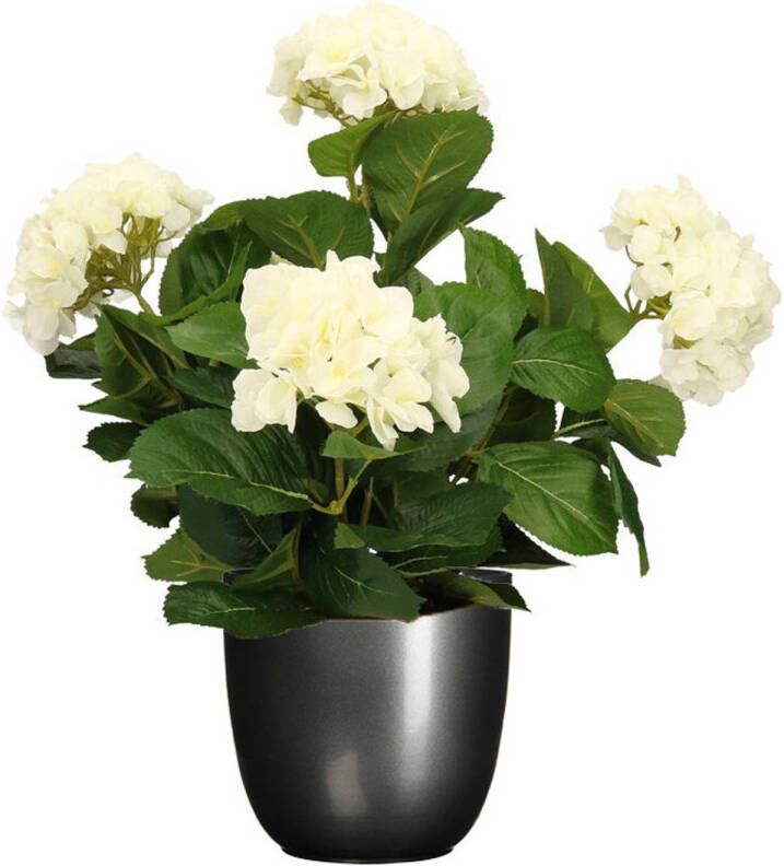 Mica Decorations Hortensia kunstplant kunstbloemen 45 cm wit in pot titanium grijs glans Kunstplanten