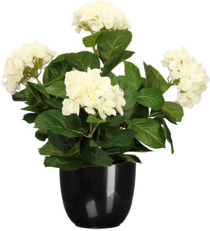 Mica Decorations Hortensia kunstplant kunstbloemen 45 cm wit in pot zwart glans Kunstplanten