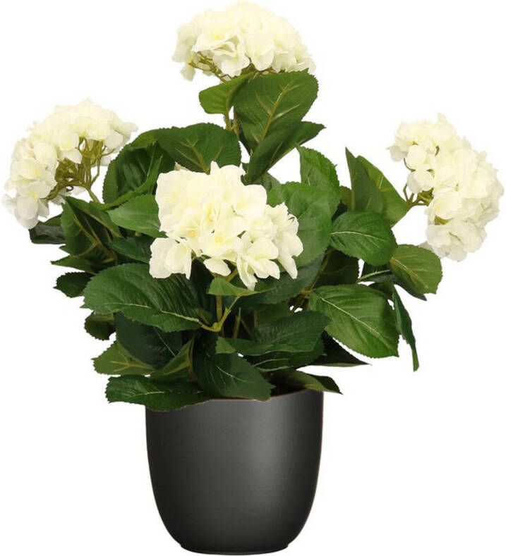 Mica Decorations Hortensia kunstplant kunstbloemen 45 cm wit in pot zwart mat Kunstplanten
