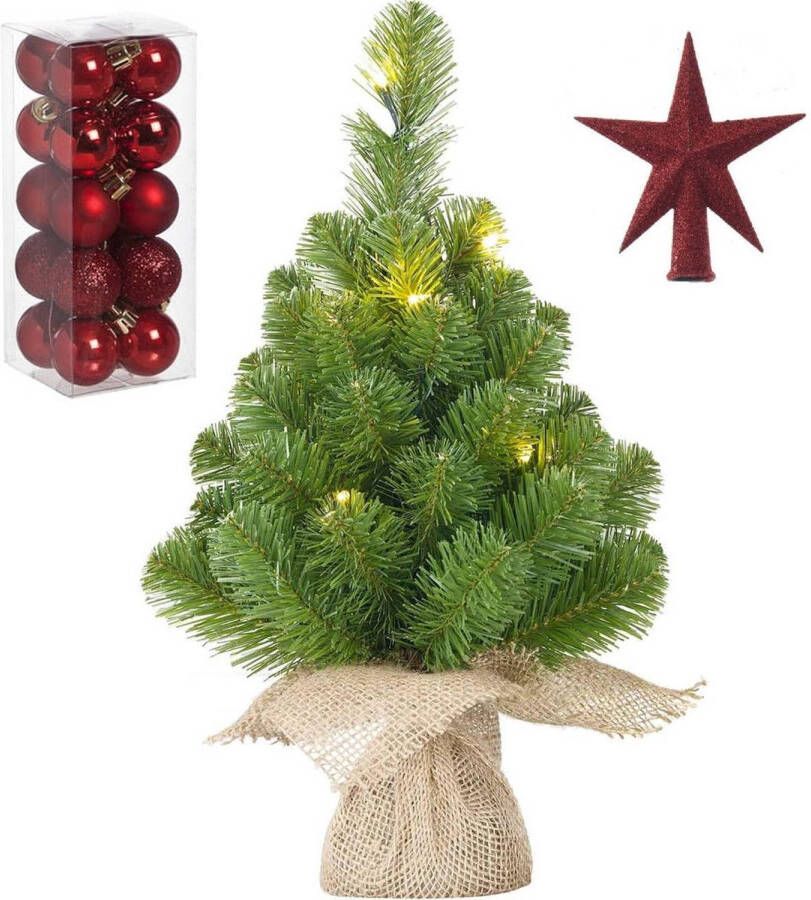 Mica Decorations Kunst kerstboom met 10 LED lampjes 45 cm inclusief rode versiering 21-delig Kunstkerstboom