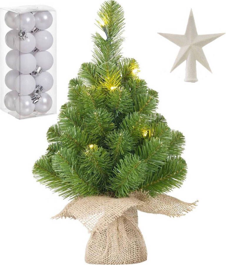 Mica Decorations Kunst kerstboom met 10 LED lampjes 45 cm inclusief witte versiering 21-delig Kunstkerstboom