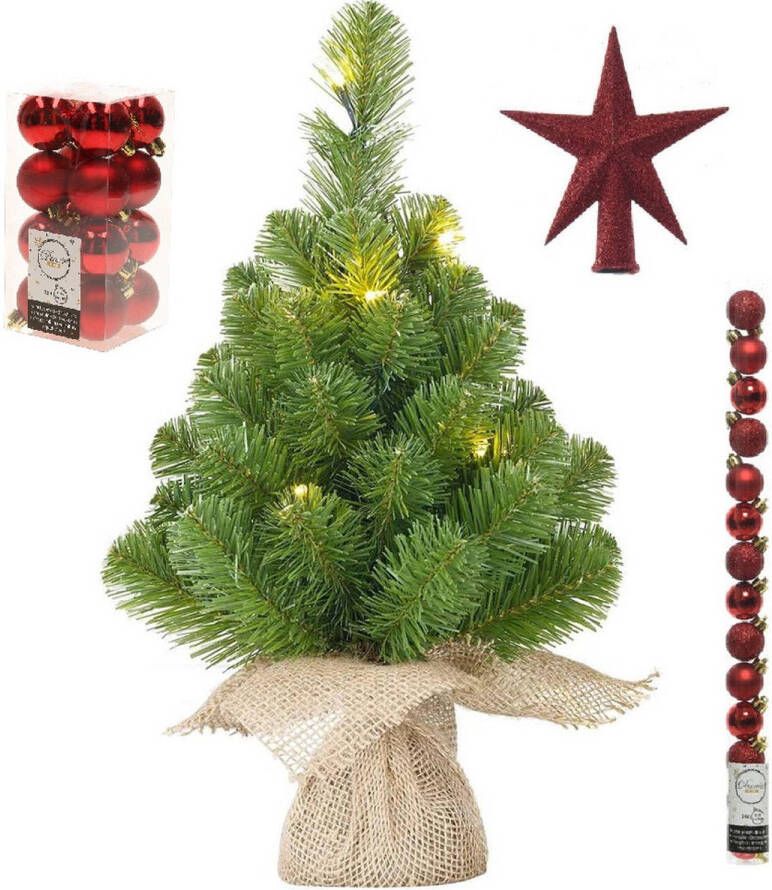 Mica Decorations Kunst kerstboom met 15 LED lampjes 60 cm inclusief rode versiering 31-delig Kunstkerstboom