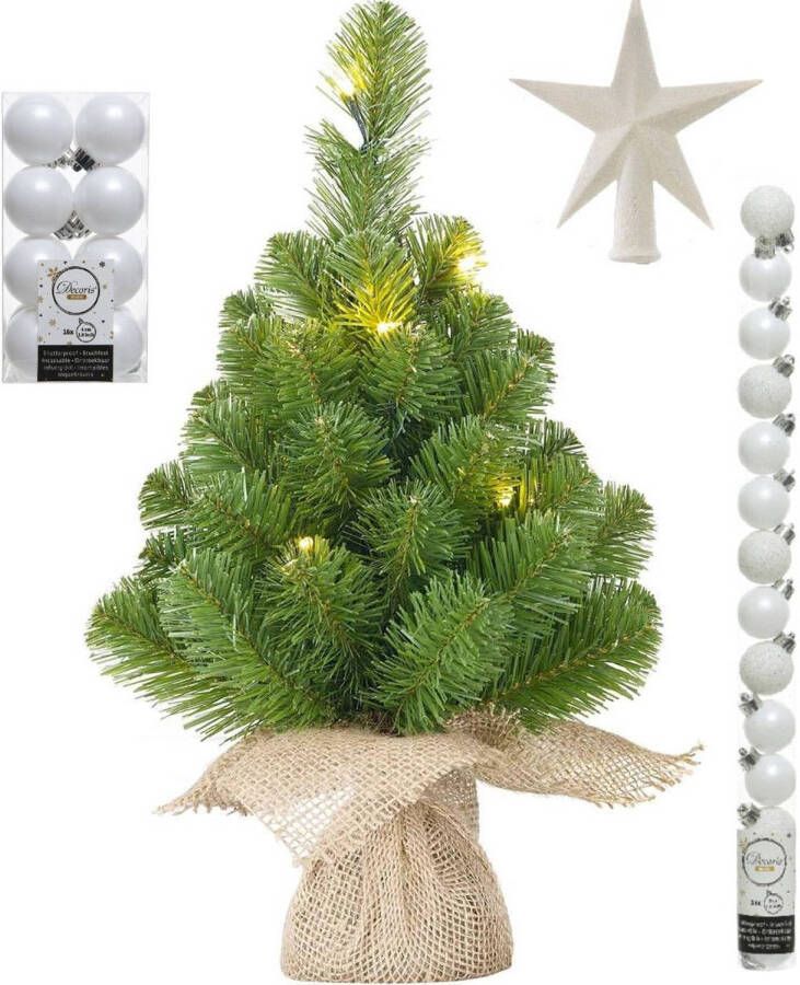 Mica Decorations Kunst kerstboom met 15 LED lampjes 60 cm inclusief witte versiering 31-delig Kunstkerstboom