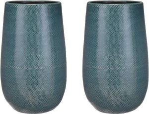 Mica Decorations Set van 2x stuks bloempotten vazen midnight blauw ribbel keramiek voor bloemen of planten H35xD21 plantenpotten Vazen