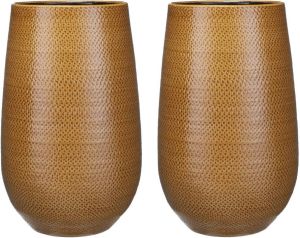 Mica Decorations Set van 2x stuks bloempotten vazen okergeel ribbels keramiek voor bloemen of planten H35 x D21 cm plantenpotten Vazen