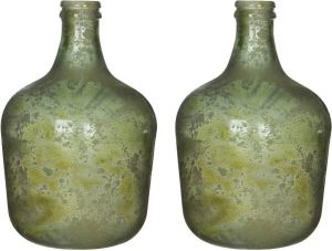 Mica Decorations 2x Groene antieklook fles vaas vazen van glas 27 x 42 cm Diego Woonaccessoires woondecoraties Glazen bloemenvaas Flesvaas flesvazen Vazen