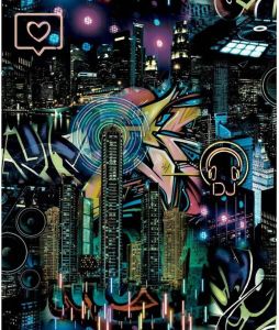 Noordwand Good Vibes Behang Skyscrapers City Icons zwart en paars