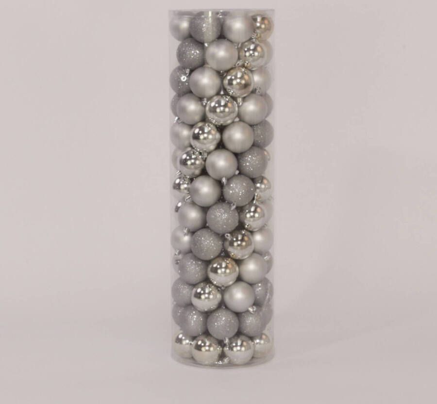 Oosterik Home 100 Onbreekbare kerstballen in koker diameter 6 cm zilver classic