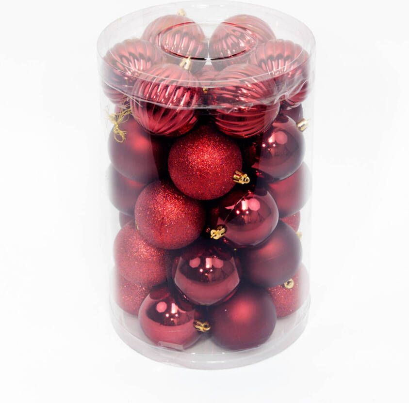 Oosterik Home 34 Onbreekbare kerstballen in koker diameter 7 cm bordeauxrood watermeloen