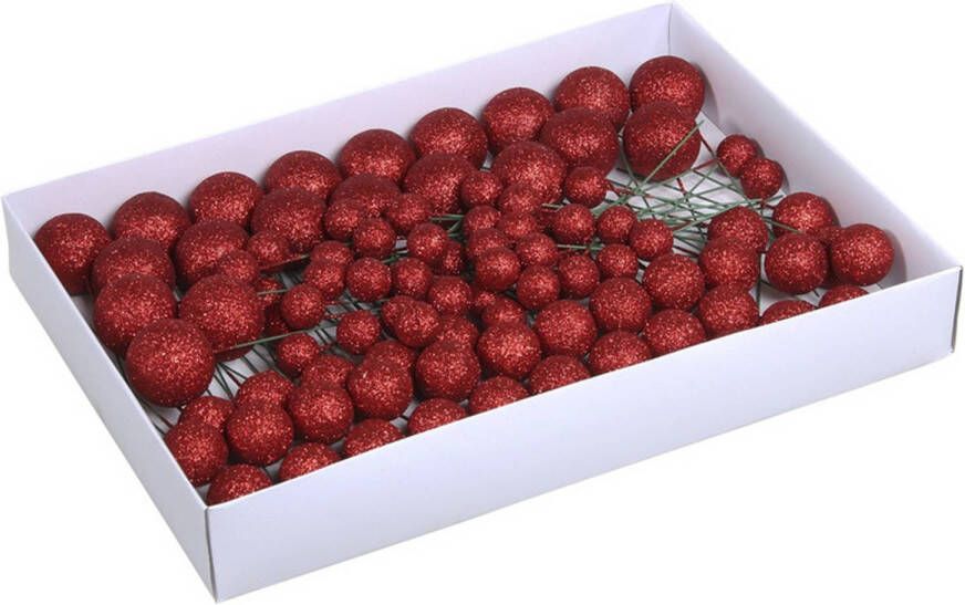 Othmar decorations 100x Rode glitter mini kerstballen stekers kunststof 2 3 4 cm Kerststukjes
