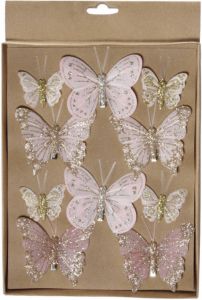 Othmar decorations 10x stuks decoratie vlinders op clip lichtroze diverse maten Kersthangers