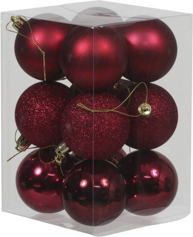 Othmar decorations 12x Donkerrode kunststof kerstballen 6 cm glans mat glitter Kerstbal