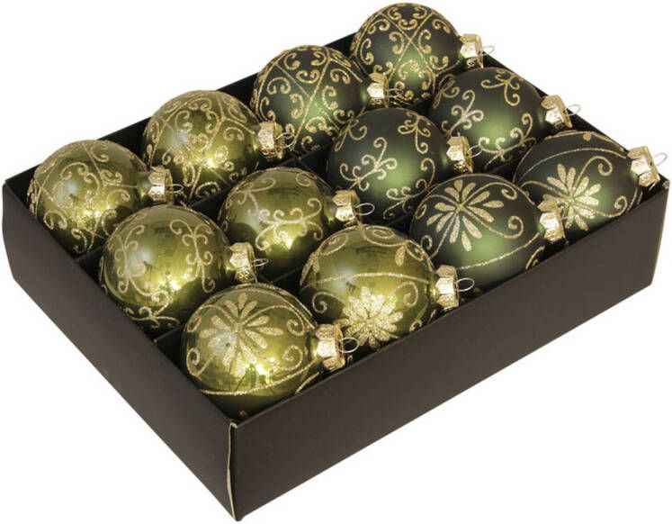 Othmar decorations 12x Glazen gedecoreerde donkergroen met gouden kerstballen 7 5 cm Kerstbal