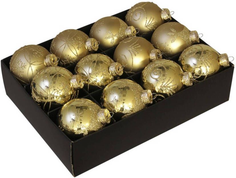 Othmar decorations 12x Glazen gedecoreerde gouden kerstballen 7 5 cm Kerstbal
