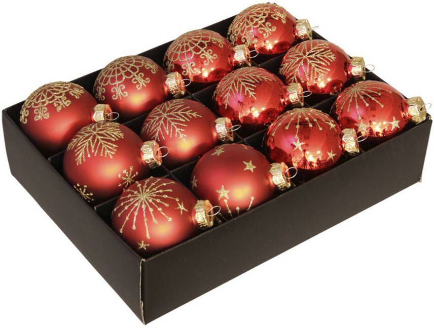 Othmar decorations 12x Glazen gedecoreerde kerstballen rood 7 5 cm Kerstbal