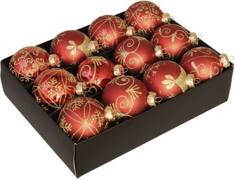 Othmar decorations 12x Glazen gedecoreerde rode kerstballen 7 5 cm Kerstbal