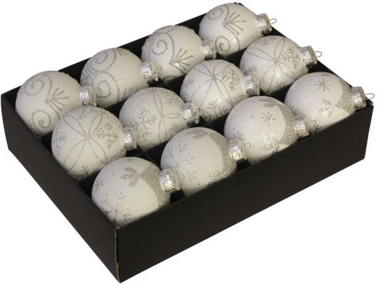 Othmar decorations 12x Glazen gedecoreerde witte kerstballen 7 5 cm Kerstbal