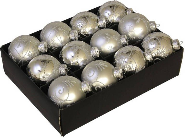 Othmar decorations 12x Glazen gedecoreerde zilveren kerstballen 7 5 cm Kerstbal