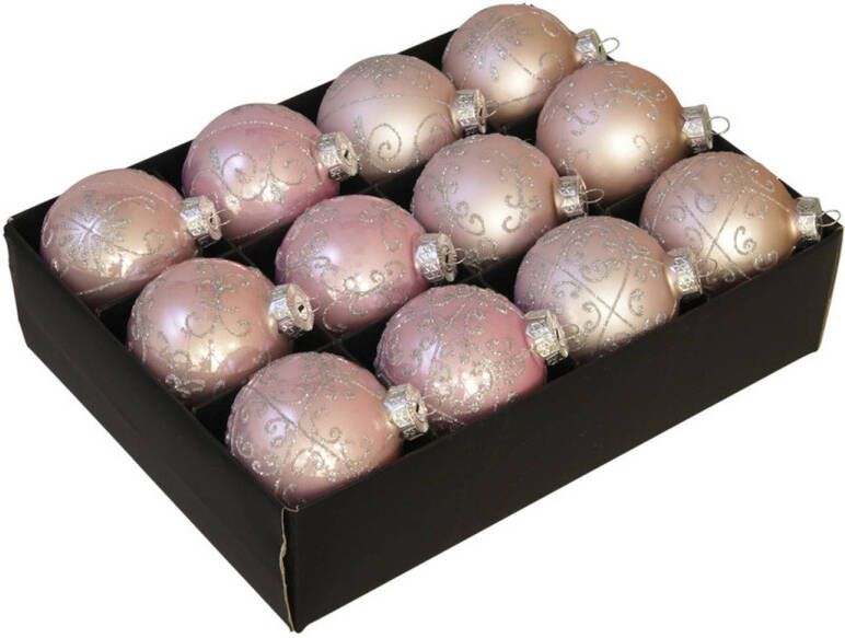 Othmar decorations 12x Luxe glazen gedecoreerde poeder roze kerstballen 7 5 cm Kerstbal