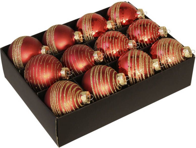 Othmar decorations 12x Luxe glazen gedecoreerde rode kerstballen met streep 7 5 cm Kerstbal