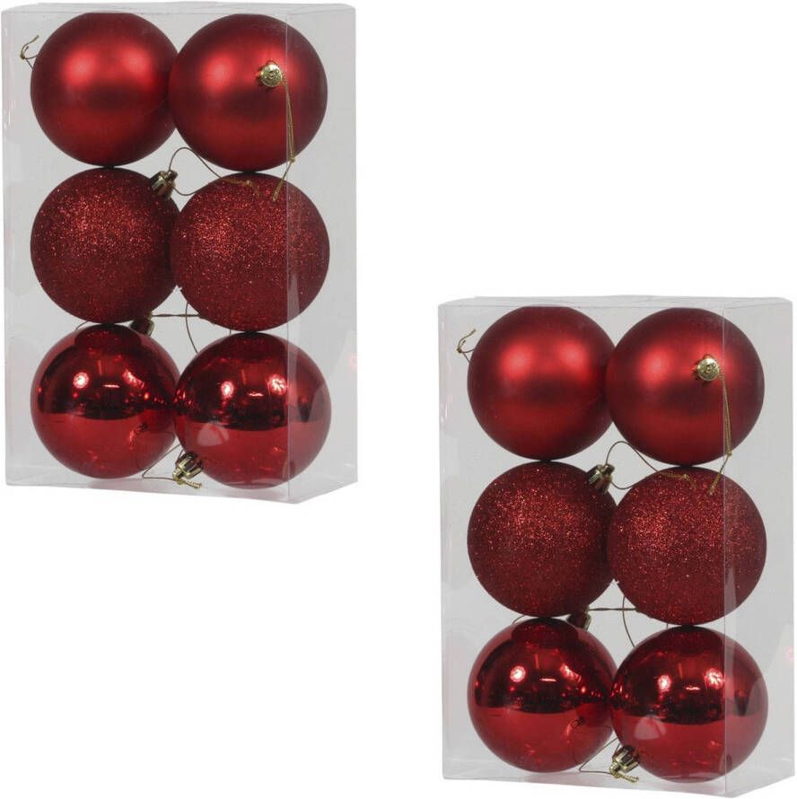 Othmar decorations 12x Rode kunststof kerstballen 8 cm glans mat glitter Kerstbal