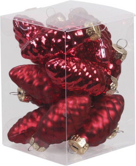 Othmar decorations 12x stuks glazen dennenappels kersthangers rood 6 cm mat glans Kersthangers