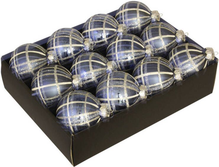 Othmar decorations 12x stuks luxe glazen gedecoreerde kerstballen donkerblauw schotse ruit 7 5 cm Kerstbal
