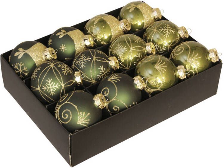 Othmar decorations 12x stuks luxe glazen gedecoreerde kerstballen donkergroen 7 5 cm Kerstbal