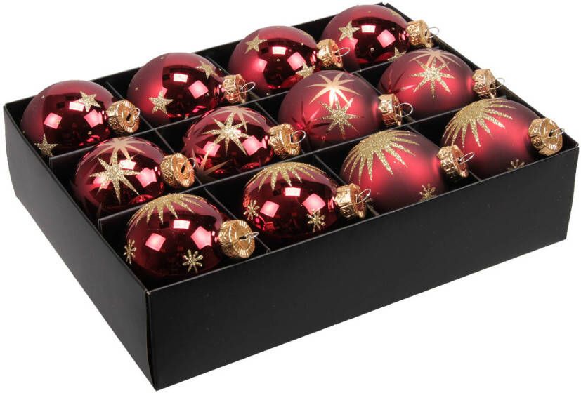 Othmar decorations 12x stuks luxe glazen gedecoreerde kerstballen donkerrood 7 5 cm Kerstbal