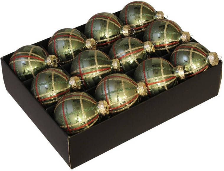 Othmar decorations 12x stuks luxe glazen gedecoreerde kerstballen groen schotse ruit 7 5 cm Kerstbal